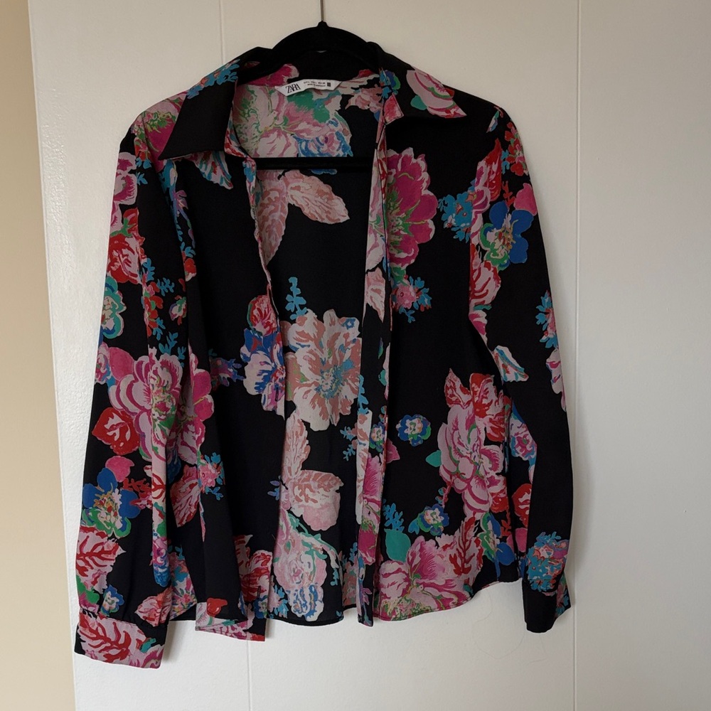 Zara Black Floral Blazer with Pink and Blue Accents